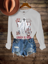 Load image into Gallery viewer, Women's Funny Halloween Creep It Real Crewneck Sweatshirt Funny Slasher Movie Pullover