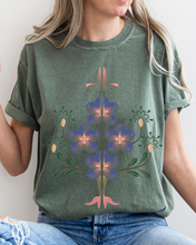 Load image into Gallery viewer, Abstract Violets Boho Comfort Colors T-Shirt, Women's Boho Distressed-Look Design, Folk Art Design T-Shirt