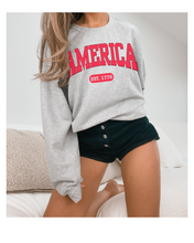 Load image into Gallery viewer, America Est 1776 Women's Sweatshirt, Oversize 4th of July Oversize Varsity Letters Pullover, Ash, Sand, Grey or White