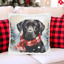 Load image into Gallery viewer, Christmas Pillow Cover, Black Lab, Square Pillow Cover, Retriever in a Christmas Scarf, Holiday Pillow Cover, Holiday Decor Pillow Cover