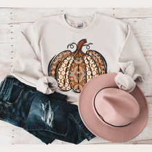 Load image into Gallery viewer, Women's Pumpkin Crewneck Sweatshirt Women's Hand Calico Pumpkin Design Gildan Pullover