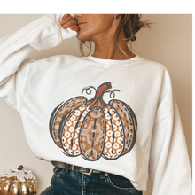 Load image into Gallery viewer, Women's Pumpkin Crewneck Sweatshirt Women's Hand Calico Pumpkin Design Gildan Pullover