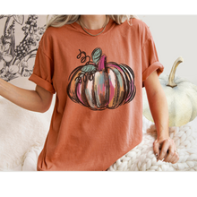 Load image into Gallery viewer, Watercolor Pumpkin Fall Comfort Colors® Hand Drawn Pastel Pumpkin T-Shirt, Women's Shirt