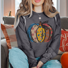 Load image into Gallery viewer, Women's Pumpkin Crewneck Sweatshirt Women's Hand Calico Pumpkin Design Gildan Pullover