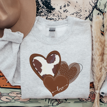 Load image into Gallery viewer, Women's Valentine's Rustic Western Cowhide Hearts Crewneck Sweatshirt Unisex Cozy Gildan Valentine's Day Pullover or T-Shirt
