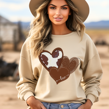 Load image into Gallery viewer, Women's Valentine's Rustic Western Cowhide Hearts Crewneck Sweatshirt Unisex Cozy Gildan Valentine's Day Pullover or T-Shirt