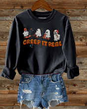 Load image into Gallery viewer, Women's Halloween Crewneck Sweatshirt Funny Sports Ghosts Black, Dark Heather, Ash, Sand, White, Orange, Gold