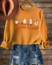 Load image into Gallery viewer, Women's Halloween Crewneck Sweatshirt Funny Sports Ghosts Black, Dark Heather, Ash, Sand, White, Orange, Gold