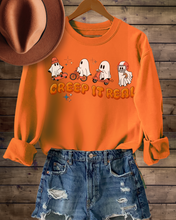 Load image into Gallery viewer, Women's Halloween Crewneck Sweatshirt Funny Sports Ghosts Black, Dark Heather, Ash, Sand, White, Orange, Gold