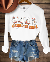 Load image into Gallery viewer, Women's Halloween Crewneck Sweatshirt Funny Sports Ghosts Black, Dark Heather, Ash, Sand, White, Orange, Gold