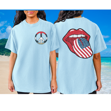 Load image into Gallery viewer, 4th of July Rock and Roll Comfort Colors® T-Shirt, Front and Back Design T-Shirt, 1970's Peace Sign