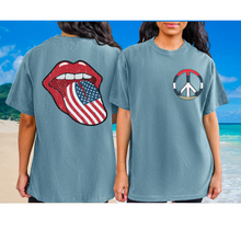 Load image into Gallery viewer, 4th of July Rock and Roll Comfort Colors® T-Shirt, Front and Back Design T-Shirt, 1970's Peace Sign