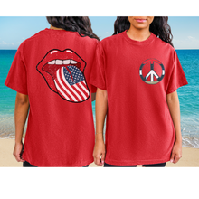 Load image into Gallery viewer, 4th of July Rock and Roll Comfort Colors® T-Shirt, Front and Back Design T-Shirt, 1970's Peace Sign