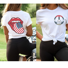 Load image into Gallery viewer, 4th of July Rock and Roll Comfort Colors® T-Shirt, Front and Back Design T-Shirt, 1970's Peace Sign