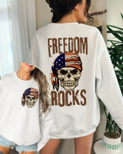 Load image into Gallery viewer, Freedom Rocks Crewneck Sweatshirt or T-Shirt Distressed Design, 4th Of July, Trendy Skeleton Shirt