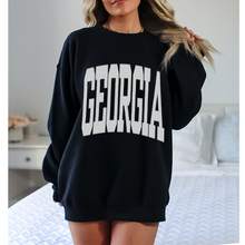 Load image into Gallery viewer, Georgia Heavy Blend™ Crewneck Sweatshirt, Unisex-Sized Cozy Pullover, Oversized Retro Georgia with Varsity Letters