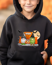 Load image into Gallery viewer, Kids or Youth Halloween Hooded Sweatshirt, Trick or Treat Gnomes Hoodie, Cozy, Warm Sweatshirt, Watercolor Gnomes Hoodie