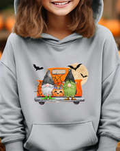 Load image into Gallery viewer, Kids or Youth Halloween Hooded Sweatshirt, Trick or Treat Gnomes Hoodie, Cozy, Warm Sweatshirt, Watercolor Gnomes Hoodie