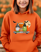 Load image into Gallery viewer, Kids or Youth Halloween Hooded Sweatshirt, Trick or Treat Gnomes Hoodie, Cozy, Warm Sweatshirt, Watercolor Gnomes Hoodie