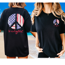 Load image into Gallery viewer, Imagine Red White Blue Peace Sign 4th of July Comfort Colors® T-Shirt, Front and Back Design T-Shirt Dress, 1970's Hippie Groovy Tee