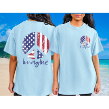 Load image into Gallery viewer, Imagine Red White Blue Peace Sign 4th of July Comfort Colors® T-Shirt, Front and Back Design T-Shirt Dress, 1970's Hippie Groovy Tee