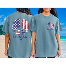 Load image into Gallery viewer, Imagine Red White Blue Peace Sign 4th of July Comfort Colors® T-Shirt, Front and Back Design T-Shirt Dress, 1970's Hippie Groovy Tee