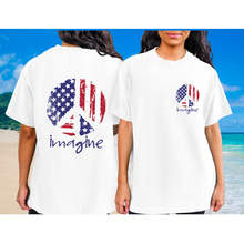Load image into Gallery viewer, Imagine Red White Blue Peace Sign 4th of July Comfort Colors® T-Shirt, Front and Back Design T-Shirt Dress, 1970's Hippie Groovy Tee