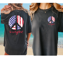 Load image into Gallery viewer, Imagine Red White Blue Peace Sign 4th of July Comfort Colors® T-Shirt, Front and Back Design T-Shirt Dress, 1970's Hippie Groovy Tee