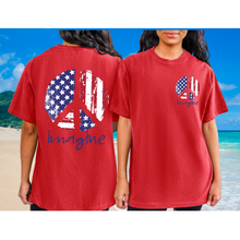 Load image into Gallery viewer, Imagine Red White Blue Peace Sign 4th of July Comfort Colors® T-Shirt, Front and Back Design T-Shirt Dress, 1970's Hippie Groovy Tee