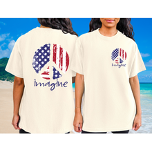 Load image into Gallery viewer, Imagine Red White Blue Peace Sign 4th of July Comfort Colors® T-Shirt, Front and Back Design T-Shirt Dress, 1970's Hippie Groovy Tee