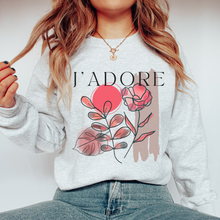 Load image into Gallery viewer, Women's Crewneck Sweatshirt, J'Adore Pullover, Comfy & Cozy, Valentine's Day Gildan Sweatshirt, Ash, White or Sand Crewneck Sweatshirt