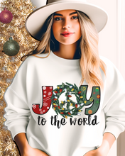 Load image into Gallery viewer, Joy To the World Women's Crewneck Sweatshirt Peace Sign Wreath with Doodle Letters