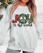 Load image into Gallery viewer, Joy To the World Women's Crewneck Sweatshirt Peace Sign Wreath with Doodle Letters