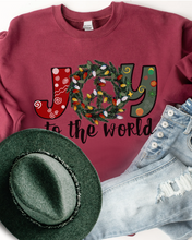 Load image into Gallery viewer, Joy To the World Women's Crewneck Sweatshirt Peace Sign Wreath with Doodle Letters