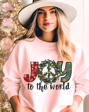 Load image into Gallery viewer, Joy To the World Women's Crewneck Sweatshirt Peace Sign Wreath with Doodle Letters