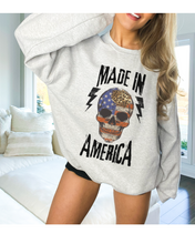 Load image into Gallery viewer, Made In America Women's Sweatshirt, Oversize 4th of July Patriotic Skeleton Pullover, Ash, Sand, Grey or White July Fourth