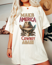 Load image into Gallery viewer, Make America Cowboy Again Comfort Colors® T-Shirt, T-Shirt Dress, Watercolor Cowboy Skeleton Skull T-Shirt