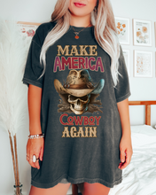 Load image into Gallery viewer, Make America Cowboy Again Comfort Colors® T-Shirt, T-Shirt Dress, Watercolor Cowboy Skeleton Skull T-Shirt