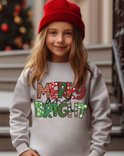 Load image into Gallery viewer, Merry and Bright Youth Crewneck Sweatshirt, Cute Kids Christmas Crewneck Pullover
