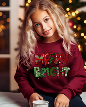 Load image into Gallery viewer, Merry and Bright Youth Crewneck Sweatshirt, Cute Kids Christmas Crewneck Pullover