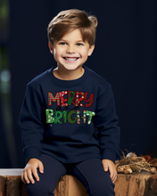 Load image into Gallery viewer, Merry and Bright Youth Crewneck Sweatshirt, Cute Kids Christmas Crewneck Pullover