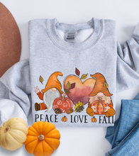 Load image into Gallery viewer, Peace Love Fall Women's Crewneck Sweatshirt, Cute Watercolor Gnomes Fall Shirt