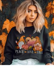 Load image into Gallery viewer, Peace Love Fall Women's Crewneck Sweatshirt, Cute Watercolor Gnomes Fall Shirt