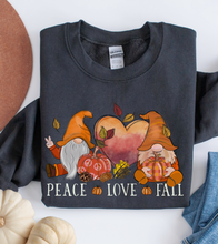 Load image into Gallery viewer, Peace Love Fall Women's Crewneck Sweatshirt, Cute Watercolor Gnomes Fall Shirt