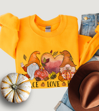 Load image into Gallery viewer, Peace Love Fall Women's Crewneck Sweatshirt, Cute Watercolor Gnomes Fall Shirt