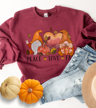Load image into Gallery viewer, Peace Love Fall Women's Crewneck Sweatshirt, Cute Watercolor Gnomes Fall Shirt