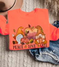 Load image into Gallery viewer, Peace Love Fall Women's Crewneck Sweatshirt, Cute Watercolor Gnomes Fall Shirt