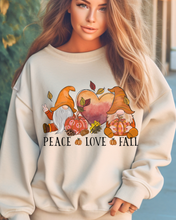 Load image into Gallery viewer, Peace Love Fall Women's Crewneck Sweatshirt, Cute Watercolor Gnomes Fall Shirt