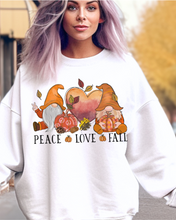 Load image into Gallery viewer, Peace Love Fall Women's Crewneck Sweatshirt, Cute Watercolor Gnomes Fall Shirt