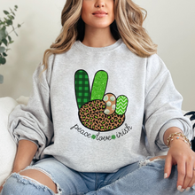 Load image into Gallery viewer, Women's Sweatshirt, St. Patrick's Day Sweatshirt, Irish Crewneck, Peace Love Irish, St Patrick's Day Shirt, Irish Peace Sign Pullover